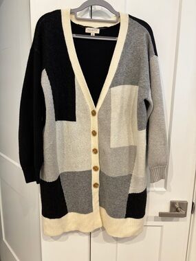 Colorblock Long Cardigan Sweater - Black, Gray & Cream. Size L
